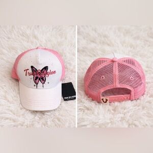 True Religion White and Pink Butterfly Trucker Cap